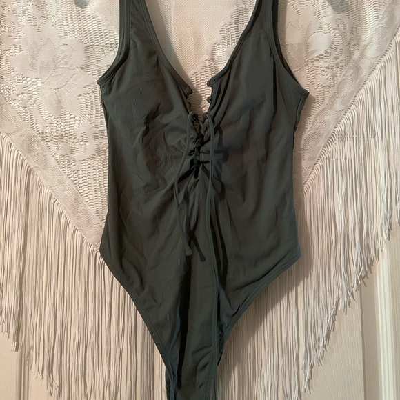 OLIVE GREEN LACE UP SCOOP BACK ONE PIECE BATHING SUIT - Picture 2 of 8
